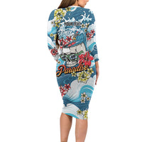 Hawaii Santa Skeleton Surfing Personalized Long Sleeve Bodycon Dress Mele Kalikimaka i Iulai!