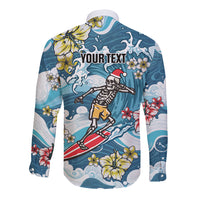 Hawaii Santa Skeleton Surfing Personalized Long Sleeve Button Shirt Mele Kalikimaka i Iulai!