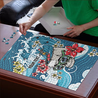 Hawaii Santa Skeleton Surfing Personalized Puzzle Mele Kalikimaka i Iulai!