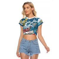 Hawaii Santa Skeleton Surfing Personalized Raglan Cropped T Shirt Mele Kalikimaka i Iulai!