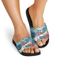Hawaii Santa Skeleton Surfing Personalized Slide Sandals Mele Kalikimaka i Iulai!