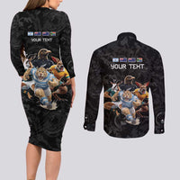 Custom Rugby Southern Hemisphere Couples Matching Long Sleeve Bodycon Dress and Long Sleeve Button Shirt Argentina AUNZ South Africa Mascot Black - Polynesian Pride