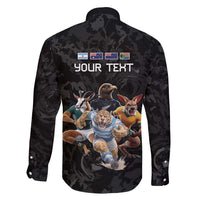 Custom Rugby Southern Hemisphere Family Matching Short Sleeve Bodycon Dress and Hawaiian Shirt Argentina AUNZ South Africa Mascot Black - Polynesian Pride