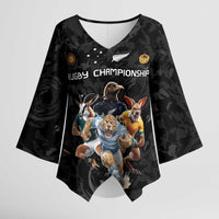 Custom Rugby Southern Hemisphere Kimono Sleeve Blouse Argentina AUNZ South Africa Mascot Black - Polynesian Pride