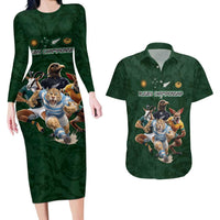 Custom Rugby Southern Hemisphere Couples Matching Long Sleeve Bodycon Dress and Hawaiian Shirt Argentina AUNZ South Africa Mascot Green - Polynesian Pride