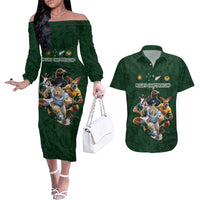 Custom Rugby Southern Hemisphere Couples Matching Off The Shoulder Long Sleeve Dress and Hawaiian Shirt Argentina AUNZ South Africa Mascot Green - Polynesian Pride