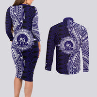 Tonga Queen Salote College 100th Years Couples Matching Long Sleeve Bodycon Dress and Long Sleeve Button Shirt Blue Tonga Kupesi Uniquely Pacific Art - Polynesian Pride