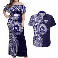 Tonga Queen Salote College 100th Years Couples Matching Off Shoulder Maxi Dress and Hawaiian Shirt Blue Tonga Kupesi Uniquely Pacific Art - Polynesian Pride