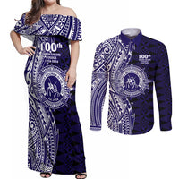 Tonga Queen Salote College 100th Years Couples Matching Off Shoulder Maxi Dress and Long Sleeve Button Shirt Blue Tonga Kupesi Uniquely Pacific Art - Polynesian Pride