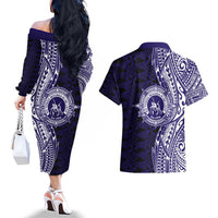 Tonga Queen Salote College 100th Years Couples Matching Off The Shoulder Long Sleeve Dress and Hawaiian Shirt Blue Tonga Kupesi Uniquely Pacific Art - Polynesian Pride