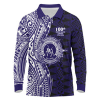 Tonga Queen Salote College 100th Years Long Sleeve Polo Shirt Blue Tonga Kupesi Uniquely Pacific Art - Polynesian Pride