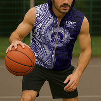 Tonga Queen Salote College 100th Years Sleeveless Zip Hoodie Blue Tonga Kupesi Uniquely Pacific Art - Polynesian Pride