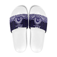 Tonga Queen Salote College 100th Years Slide Sandals Blue Tonga Kupesi Uniquely Pacific Art - Polynesian Pride