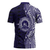 Tonga Queen Salote College 100th Years Zipper Polo Shirt Blue Tonga Kupesi Uniquely Pacific Art - Polynesian Pride