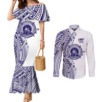 Tonga Queen Salote College 100th Years Couples Matching Mermaid Dress and Long Sleeve Button Shirt White Tonga Kupesi Uniquely Pacific Art - Polynesian Pride