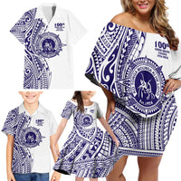 Tonga Queen Salote College 100th Years Family Matching Off Shoulder Short Dress and Hawaiian Shirt White Tonga Kupesi Uniquely Pacific Art - Polynesian Pride