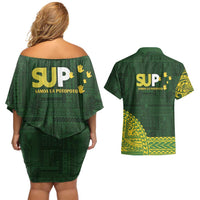 Samoa SUP Couples Matching Off Shoulder Short Dress and Hawaiian Shirt Samoan Motif Patterns - Polynesian Pride