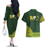 Samoa SUP Couples Matching Off The Shoulder Long Sleeve Dress and Hawaiian Shirt Samoan Motif Patterns - Polynesian Pride