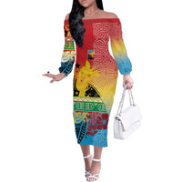 Personalised Torba PNG Day Off The Shoulder Long Sleeve Dress Oro Tapa Pattern - Polynesian Pride