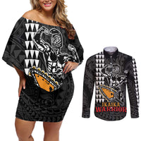 Aloha Spirit Ikaika Warrior Helmet Couples Matching Off Shoulder Short Dress and Long Sleeve Button Shirt