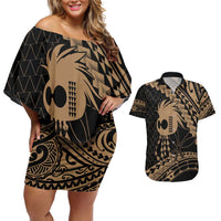 Ikaika Hawaiian Mythic Koa Tribal Warrior Couples Matching Off Shoulder Short Dress and Hawaiian Shirt