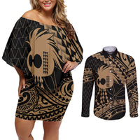 Ikaika Hawaiian Mythic Koa Tribal Warrior Couples Matching Off Shoulder Short Dress and Long Sleeve Button Shirt