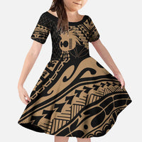 Ikaika Hawaiian Mythic Koa Tribal Warrior Family Matching Mermaid Dress and Hawaiian Shirt LT9 Daughter's Dress Gold - Polynesian Pride