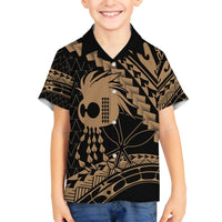 Ikaika Hawaiian Mythic Koa Tribal Warrior Family Matching Off The Shoulder Long Sleeve Dress and Hawaiian Shirt LT9 Son's Shirt Gold - Polynesian Pride