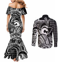 Koa Ikaika Warrior Helmet with Shark Couples Matching Mermaid Dress and Long Sleeve Button Shirt Black Kakau Style