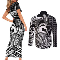 Koa Ikaika Warrior Helmet with Shark Couples Matching Short Sleeve Bodycon Dress and Long Sleeve Button Shirt Black Kakau Style