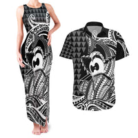 Koa Ikaika Warrior Helmet with Shark Couples Matching Tank Maxi Dress and Hawaiian Shirt Black Kakau Style