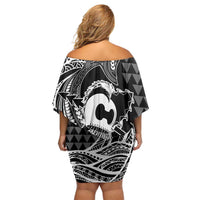 Koa Ikaika Warrior Helmet with Shark Family Matching Off Shoulder Short Dress and Hawaiian Shirt Black Kakau Style