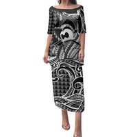 Koa Ikaika Warrior Helmet with Shark Family Matching Puletasi and Hawaiian Shirt Black Kakau Style