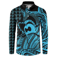 Koa Ikaika Warrior Helmet with Shark Button Sweatshirt Blue Kakau Style