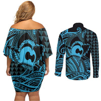 Koa Ikaika Warrior Helmet with Shark Couples Matching Off Shoulder Short Dress and Long Sleeve Button Shirt Blue Kakau Style
