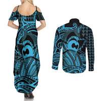 Koa Ikaika Warrior Helmet with Shark Couples Matching Summer Maxi Dress and Long Sleeve Button Shirt Blue Kakau Style