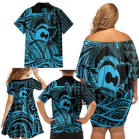 Koa Ikaika Warrior Helmet with Shark Family Matching Off Shoulder Short Dress and Hawaiian Shirt Blue Kakau Style