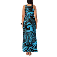 Koa Ikaika Warrior Helmet with Shark Family Matching Tank Maxi Dress and Hawaiian Shirt Blue Kakau Style