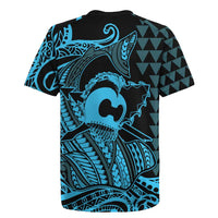 Koa Ikaika Warrior Helmet with Shark Rugby Jersey Blue Kakau Style