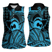 Koa Ikaika Warrior Helmet with Shark Women Sleeveless Polo Shirt Blue Kakau Style