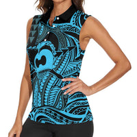 Koa Ikaika Warrior Helmet with Shark Women Sleeveless Polo Shirt Blue Kakau Style