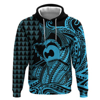 Koa Ikaika Warrior Helmet with Shark Zip Hoodie Blue Kakau Style LT9 Pullover Hoodie Blue - Polynesian Pride
