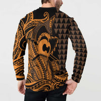 Koa Ikaika Warrior Helmet with Shark Button Sweatshirt Gold Kakau Style LT9 - Polynesian Pride