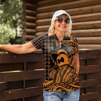 Koa Ikaika Warrior Helmet with Shark Women Polo Shirt Gold Kakau Style