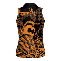Koa Ikaika Warrior Helmet with Shark Women Sleeveless Polo Shirt Gold Kakau Style