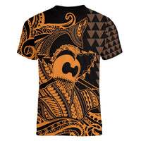 Koa Ikaika Warrior Helmet with Shark Women V-Neck T-Shirt Gold Kakau Style