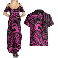 Koa Ikaika Warrior Helmet with Shark Couples Matching Summer Maxi Dress and Hawaiian Shirt Pink Kakau Style
