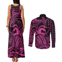 Koa Ikaika Warrior Helmet with Shark Couples Matching Tank Maxi Dress and Long Sleeve Button Shirt Pink Kakau Style