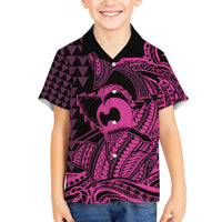 Koa Ikaika Warrior Helmet with Shark Family Matching Off The Shoulder Long Sleeve Dress and Hawaiian Shirt Pink Kakau Style LT9 Son's Shirt Pink - Polynesian Pride