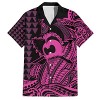Koa Ikaika Warrior Helmet with Shark Family Matching Off Shoulder Short Dress and Hawaiian Shirt Pink Kakau Style